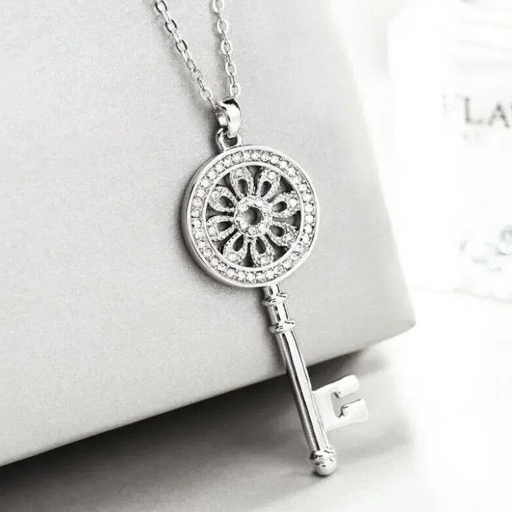 Silver Diamond Flower Key Pendant Necklace